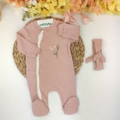 Çiçekli Bandanalı Önden Çıtçıtlı Patikli %100 Pamuklu Tulum
