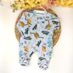 Dino Baskılı Önden Çıtçıtlı Patikli %100 Pamuk Tulum