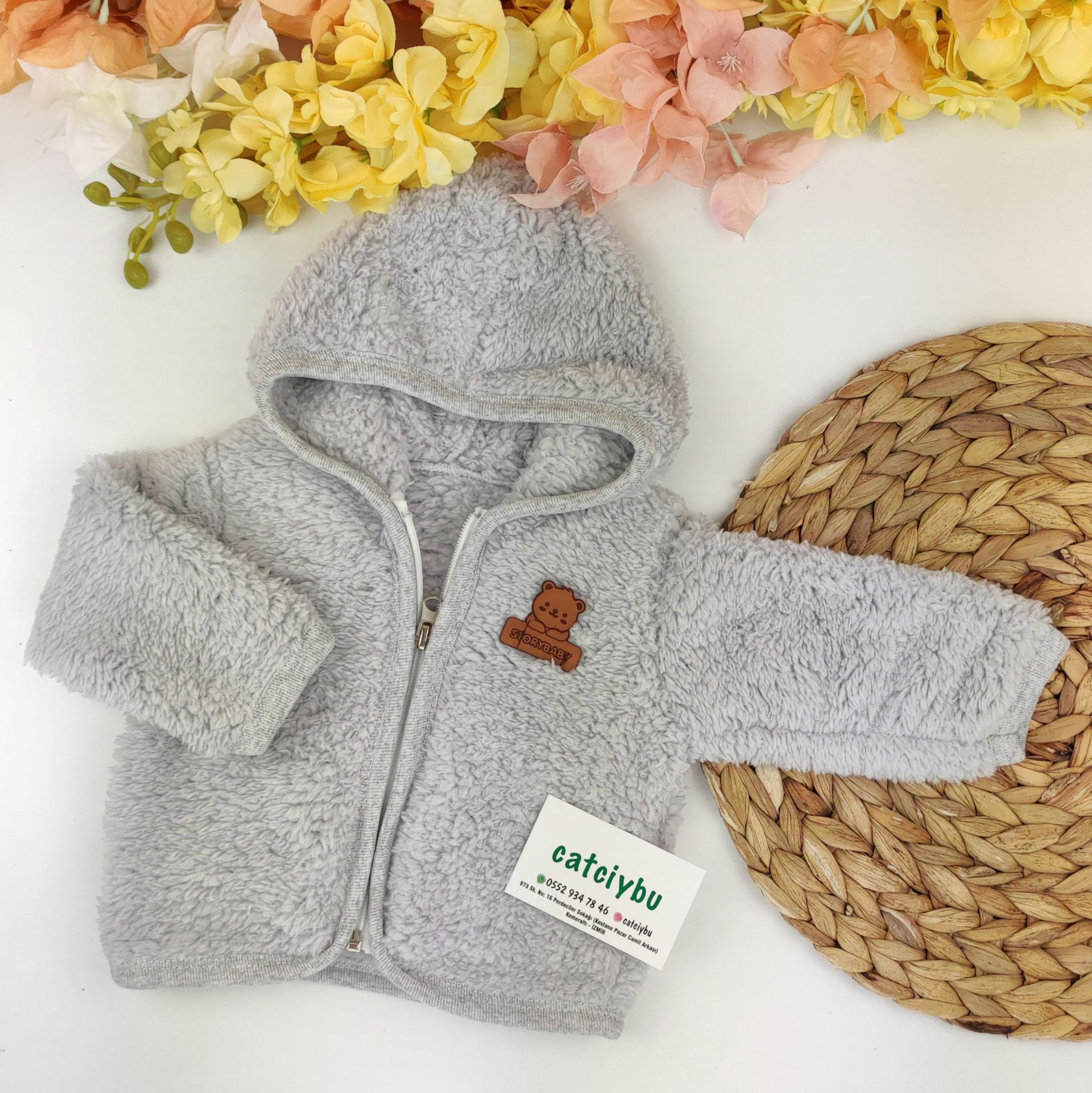 Kapüşonlu Fermuarlı Peluş Bebek Hırkası