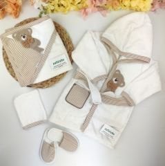 Ayıcıklı %100 Pamuk 4 Parça Bornoz Set