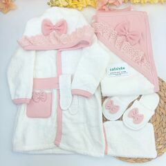 Fiyonklu %100 Pamuk 4 Parça Bornoz Set