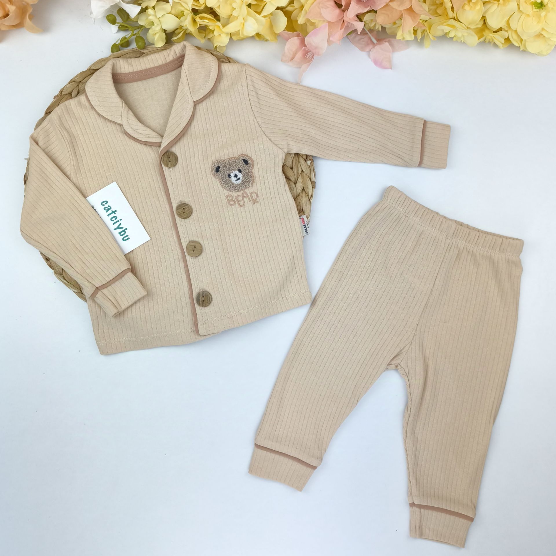Ayıcıklı Raporlu Kumaş %100 Pamuklu Pijama Takım