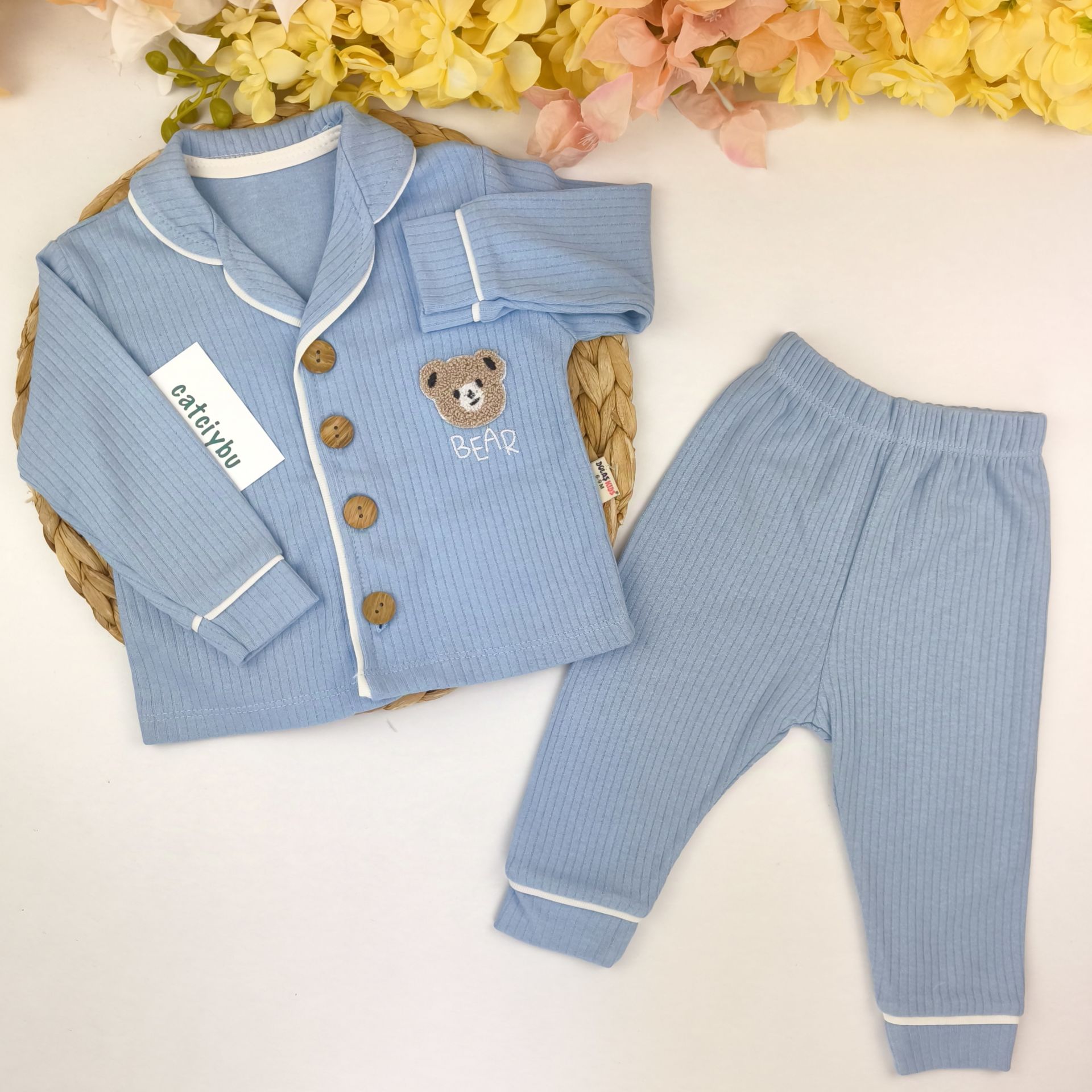 Ayıcıklı Raporlu Kumaş %100 Pamuklu Pijama Takım