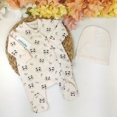 Panda Baskılı %100 Pamuklu Bereli Önden Çıtçıtlı Patikli Tulum