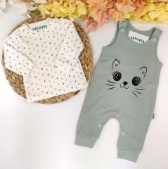 Kedi Baskılı %100 Pamuk Badili Salopet Takım