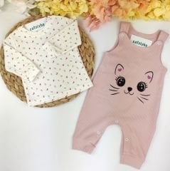 Kedi Baskılı %100 Pamuk Badili Salopet Takım