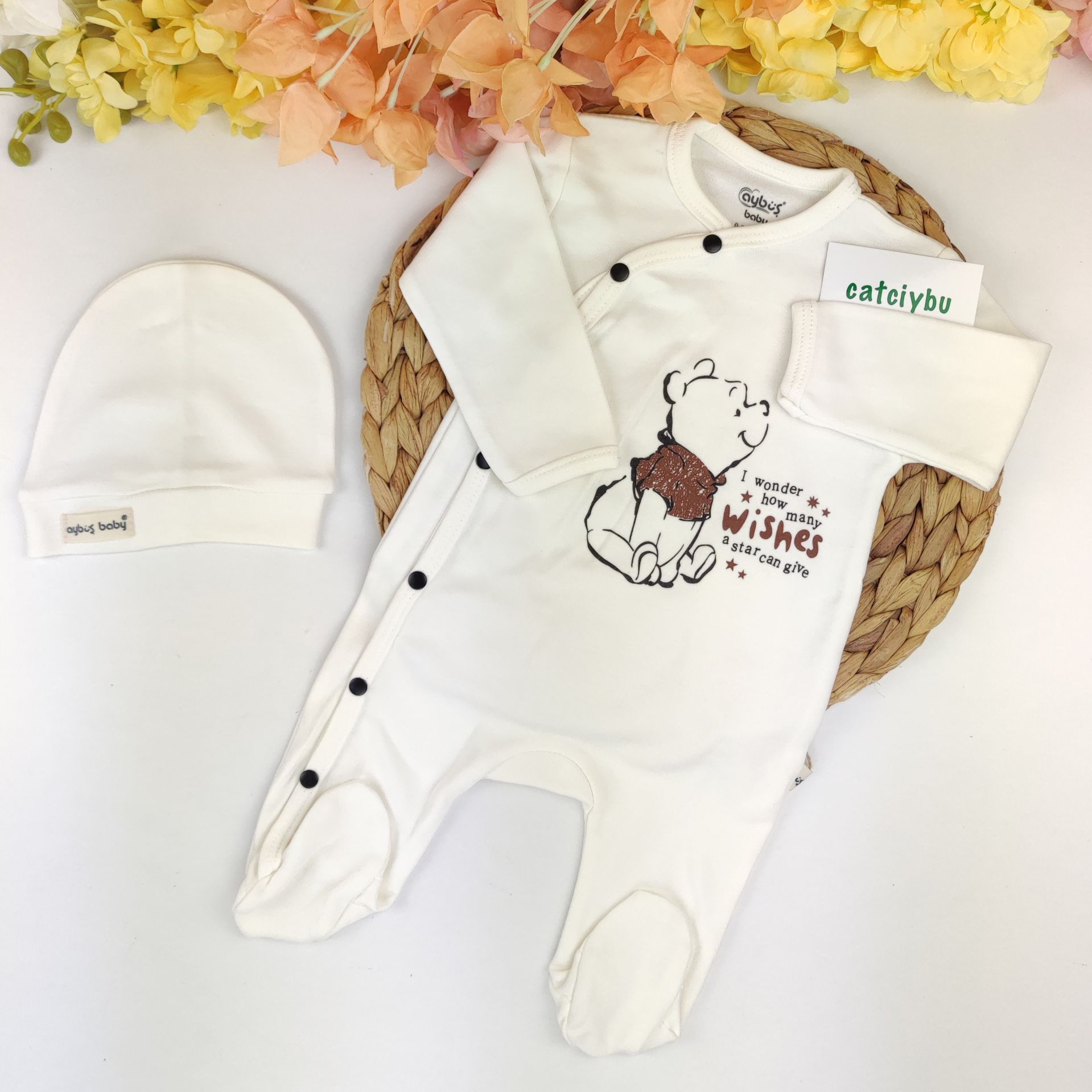 Pooh Bereli Önden Çıtçıtlı %100 Pamuklu Patikli Tulum