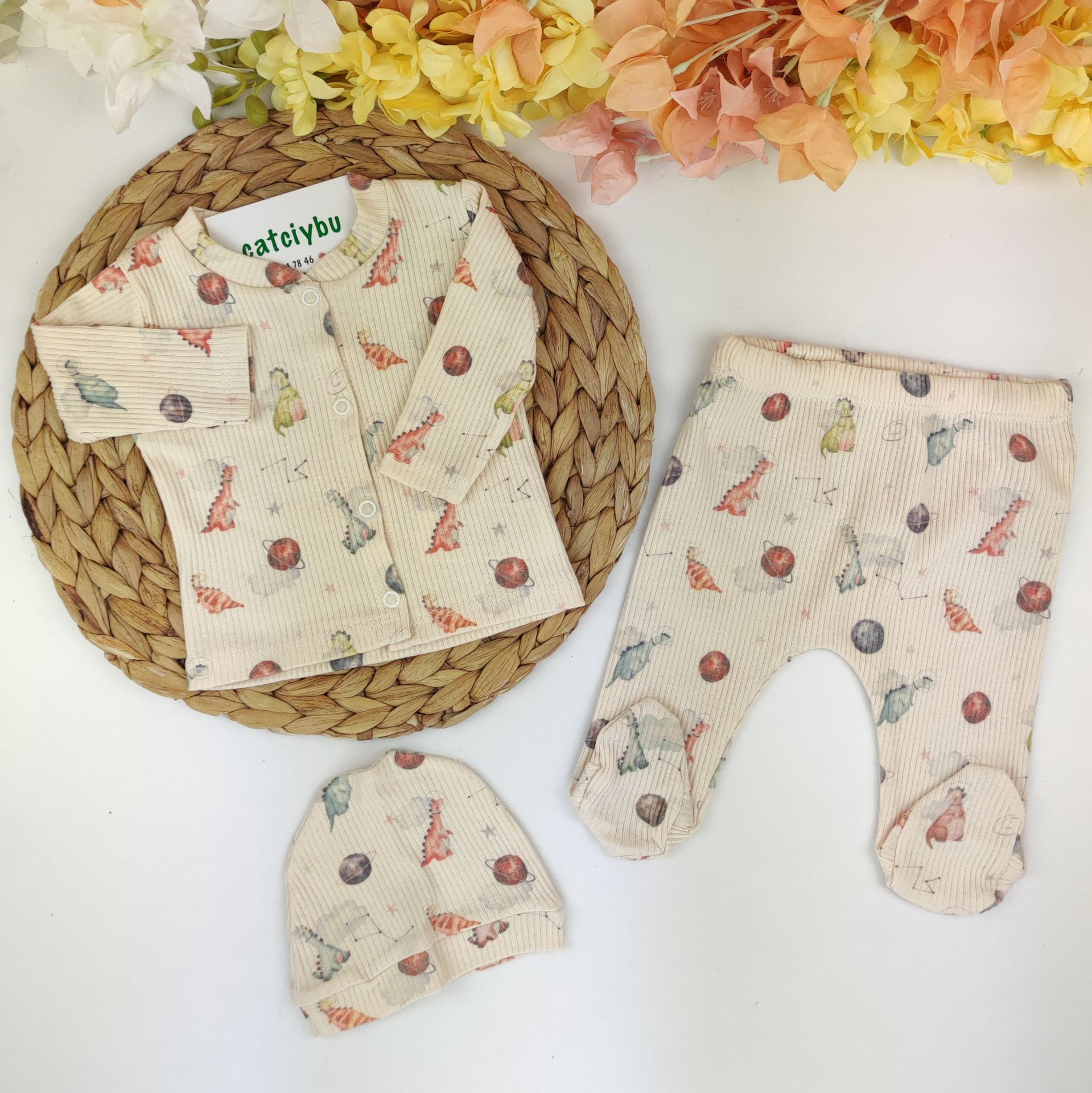 Dino Baskılı %100 Pamuk Bereli Pijama Takım