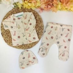 Dino Baskılı %100 Pamuk Bereli Pijama Takım