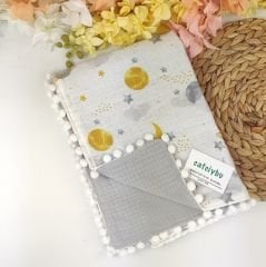 Pikeli Müslin %100 Pamuklu Çift Taraflı 95*105 cm Ponponlu Battaniye