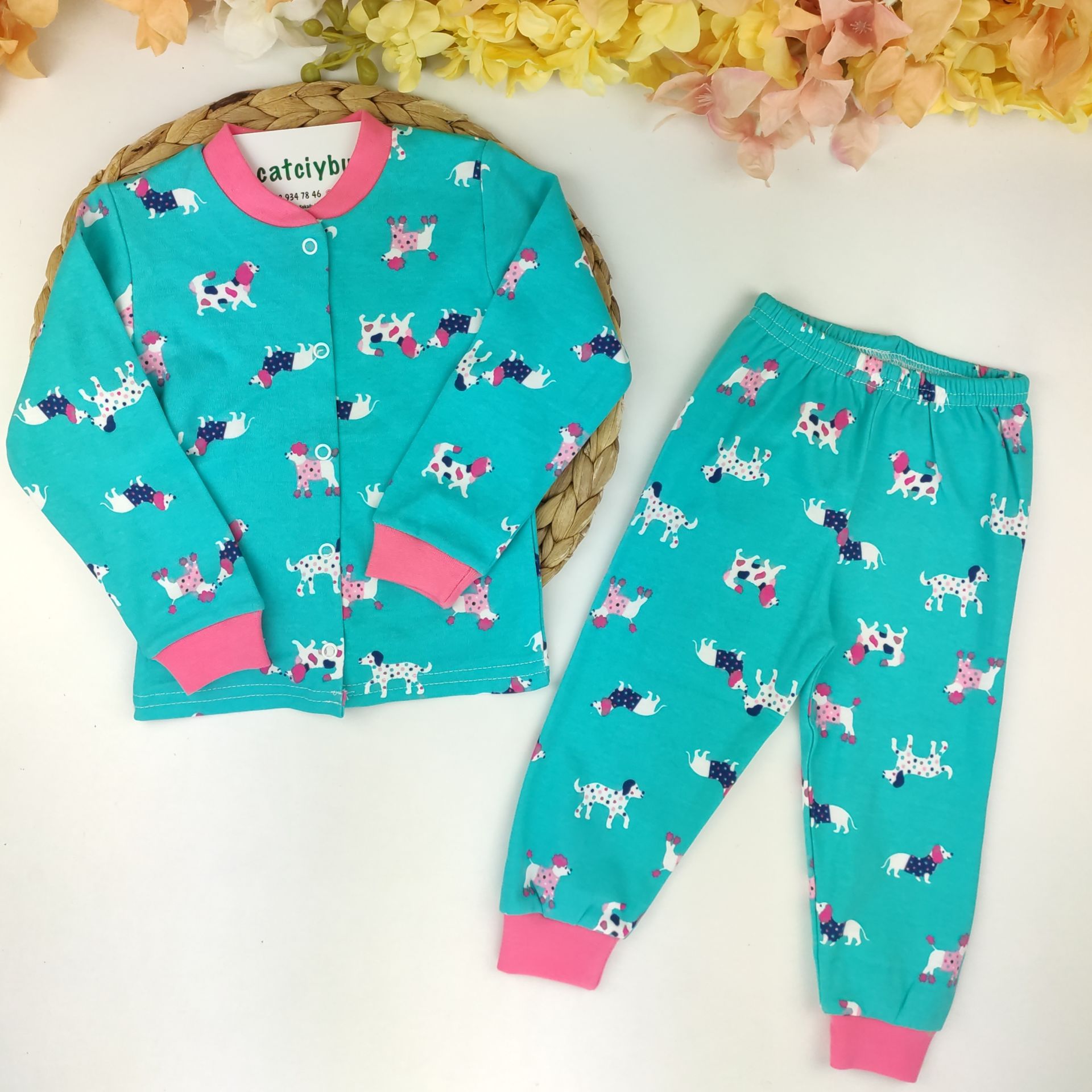 Köpekli %100 Pamuklu Önden Çıtçıtlı Pijama Takım