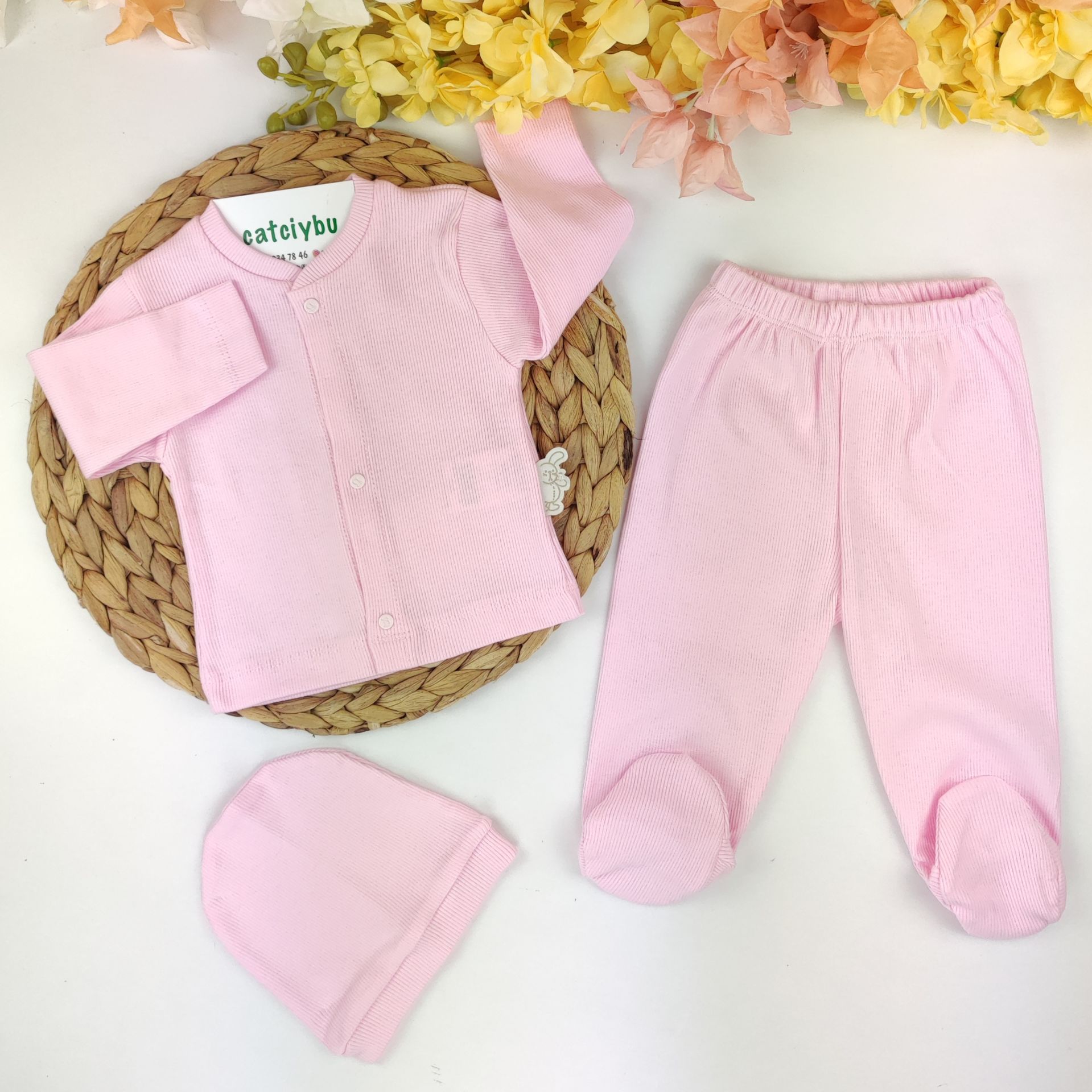 Pembe Fitilli Bereli %100 Pamuk 3'lü Takım