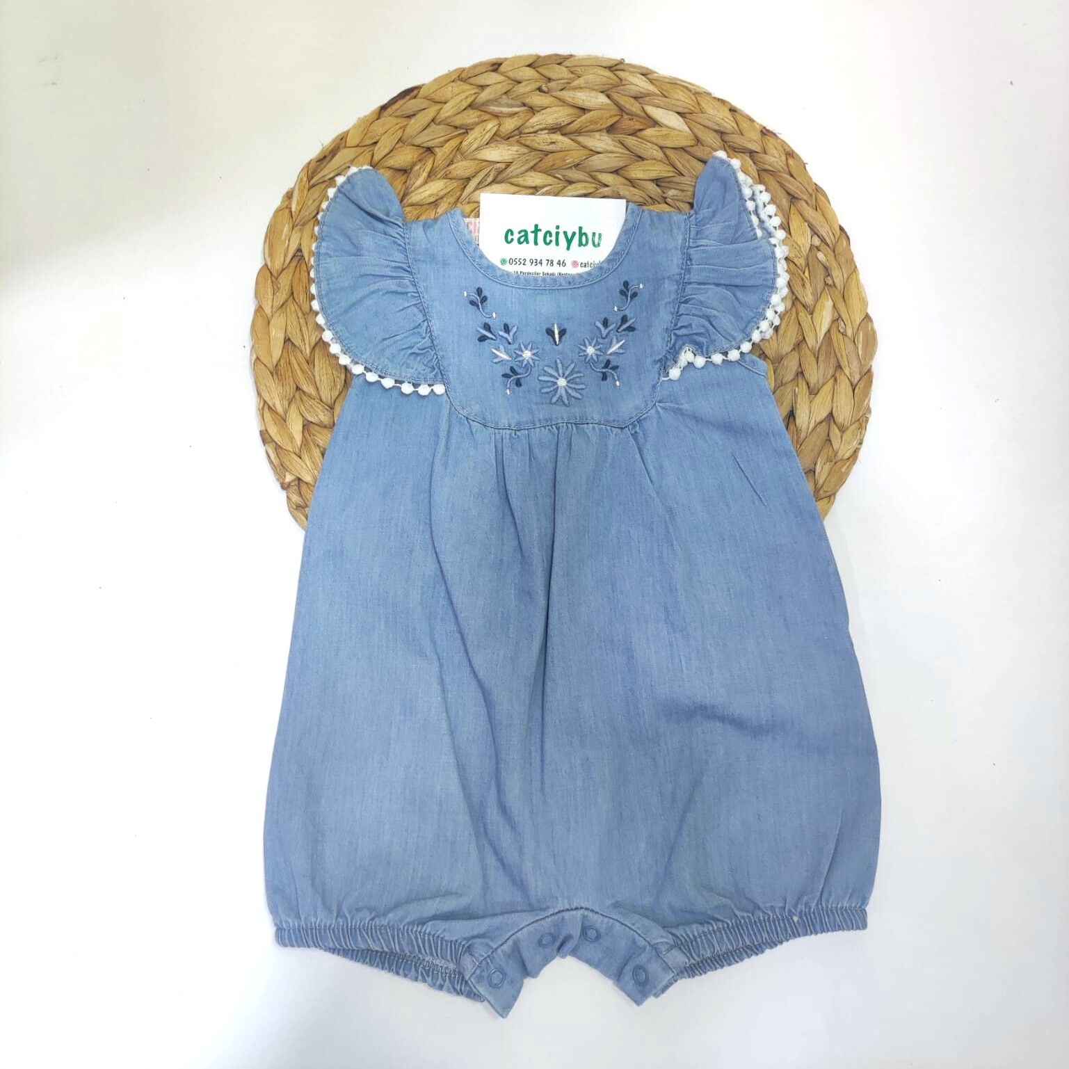 Çiçek Nakışlı Fistolu Kız Bebek Yazlık Kot Tulum 3-6/6-9/9-12 Ay