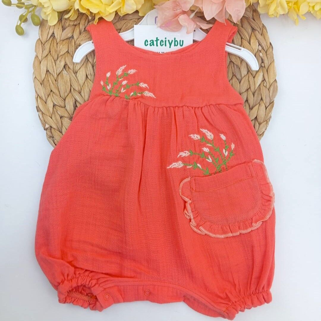 Çiçek Nakışlı Cepli Kız Bebek Yazlık Müslin Tulum 3-6/6-9/9-12 Ay