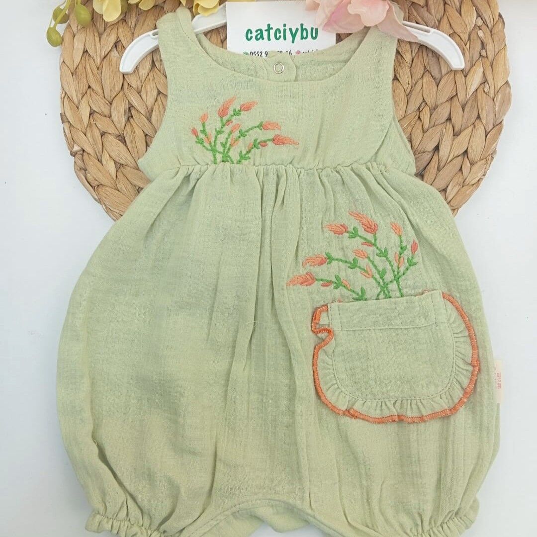Çiçek Nakışlı Cepli Kız Bebek Yazlık Müslin Tulum 3-6/6-9/9-12 Ay