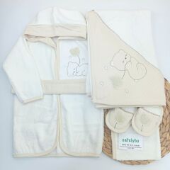 Uyuyan Ayıcık Nakışlı Bebek 4 Parça Havlu Bornoz Set