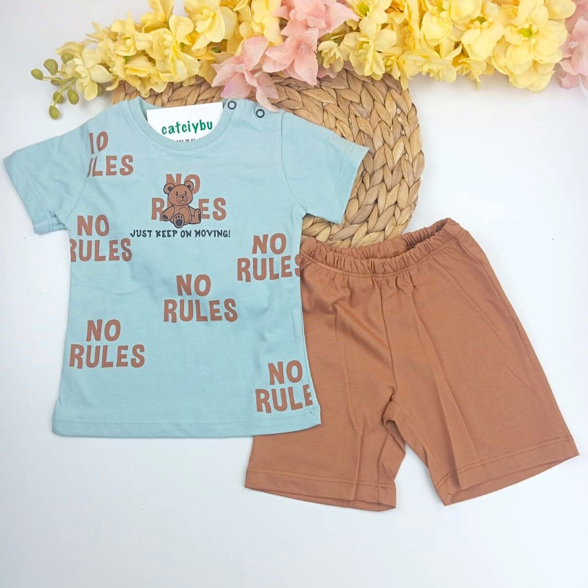 No Rules Ayıcık Baskılı Tişört Şort Erkek Bebek Takım 6-9/9-12/12-18/18-24 Ay