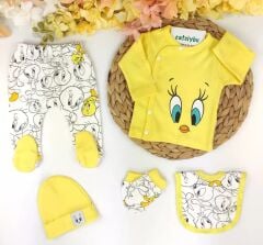 Tweety Baskılı Yenidoğan Kız Bebek 5li Zıbın Set