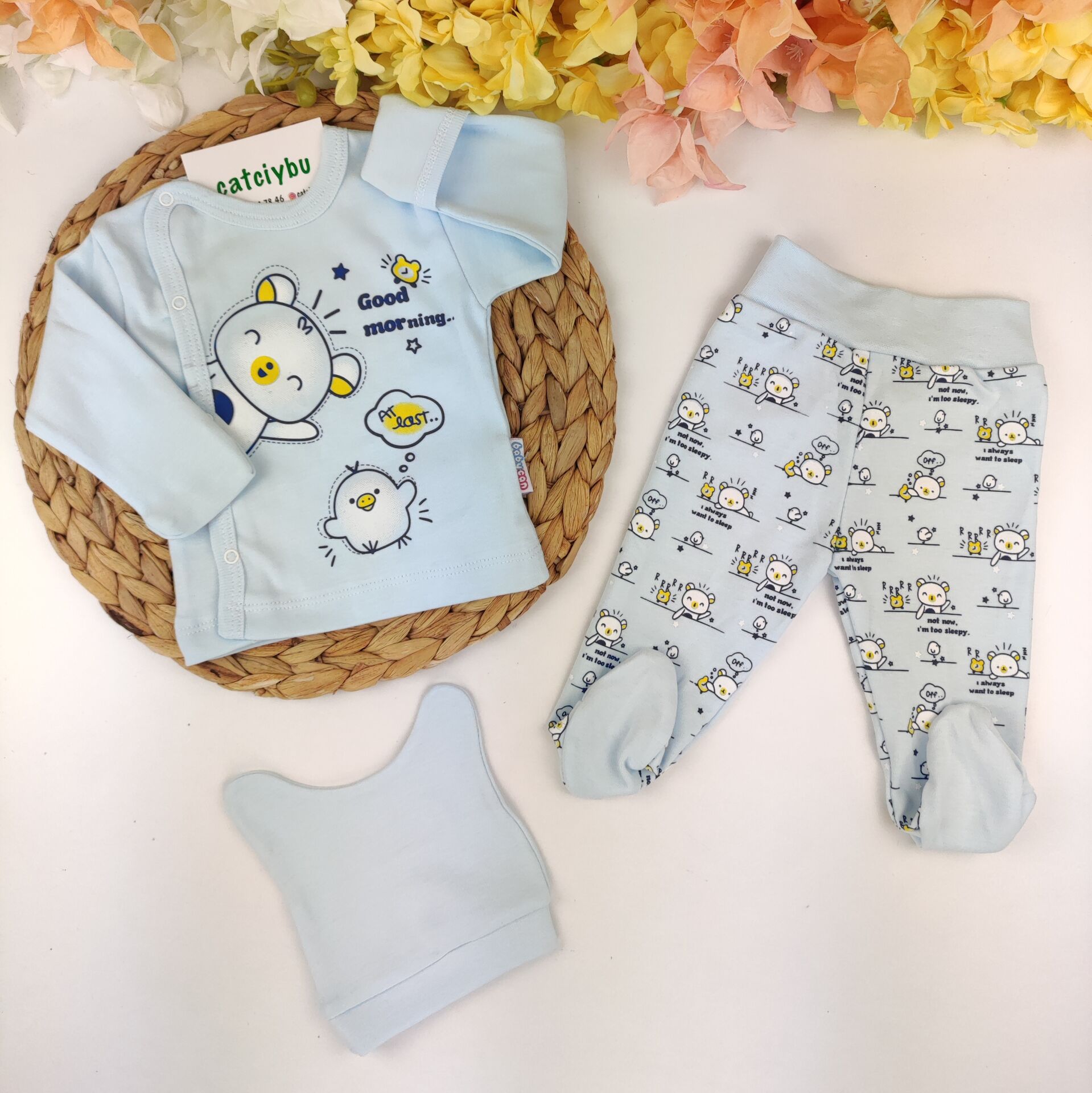Good Mornıng Kendinden Eldivenli Bereli %100 Pamuk Pijama Takım