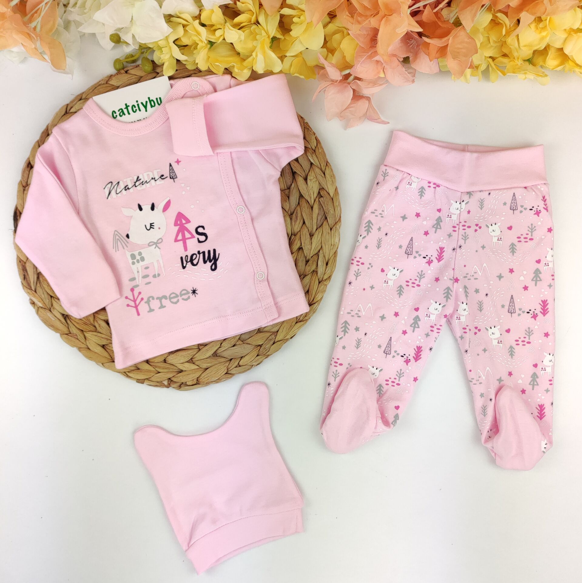 Ceylan Kendinden Eldivenli Bereli %100 Pamuk Pijama Takım