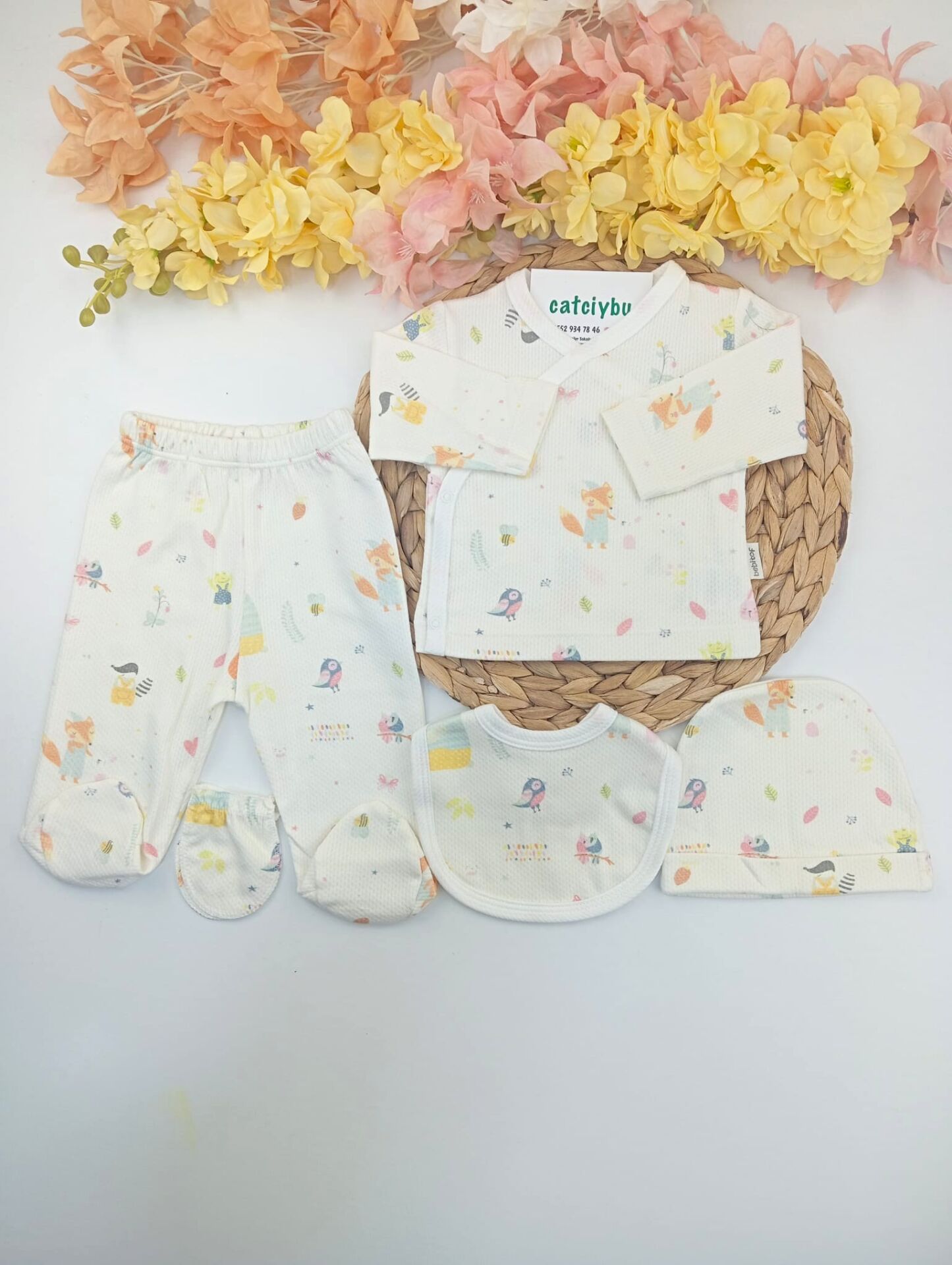 Kuş Tilki Baskılı Yenidoğan Erkek Bebek 5li Zıbın Set