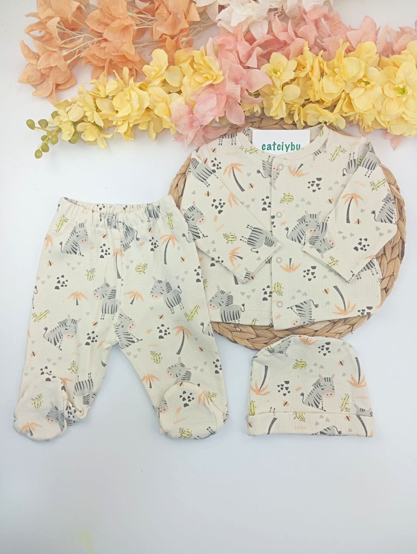Zebra Desenli Yenidoğan Erkek Bebek 5li Zıbın Set