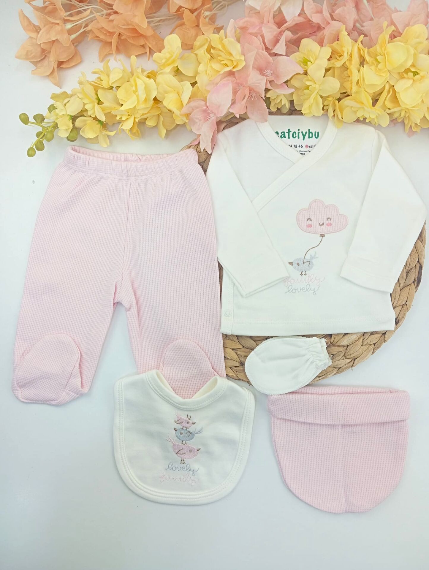 Bulut ve Kuş Nakışlı Yenidoğan Kız Bebek 5li Zıbın Set