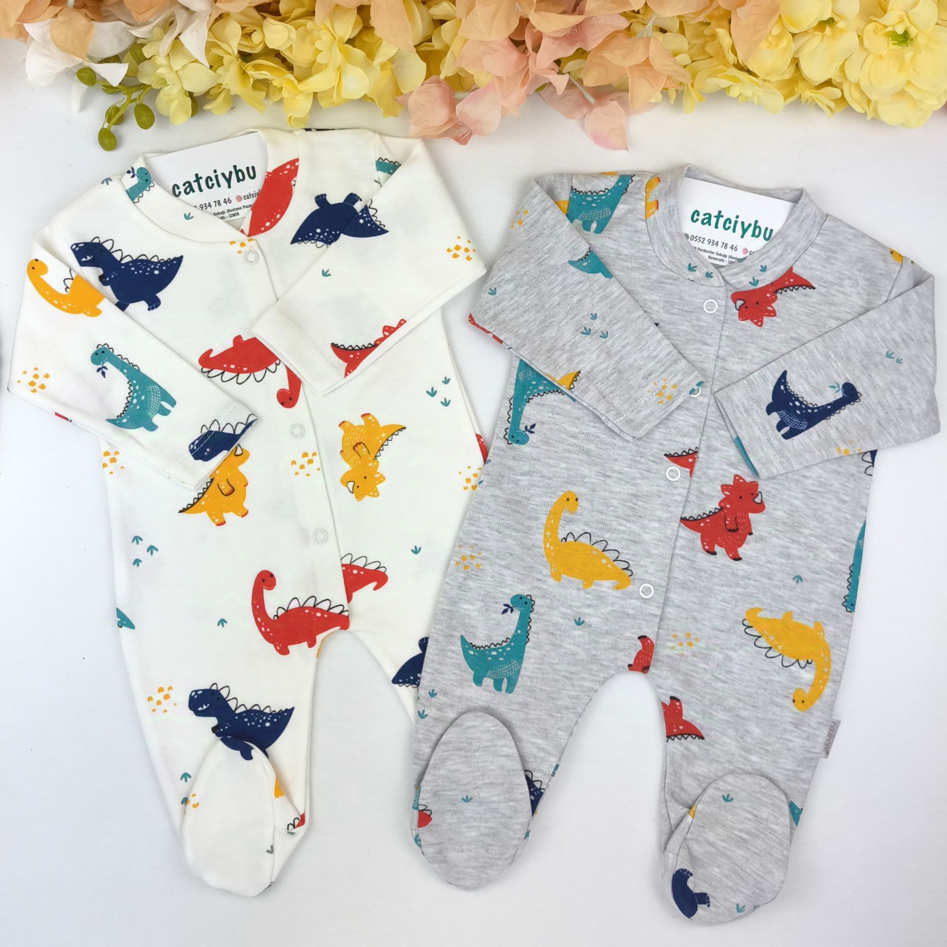 Dino Baskılı %100 Pamuklu Önden Çıtçıtlı Patikli Tulum