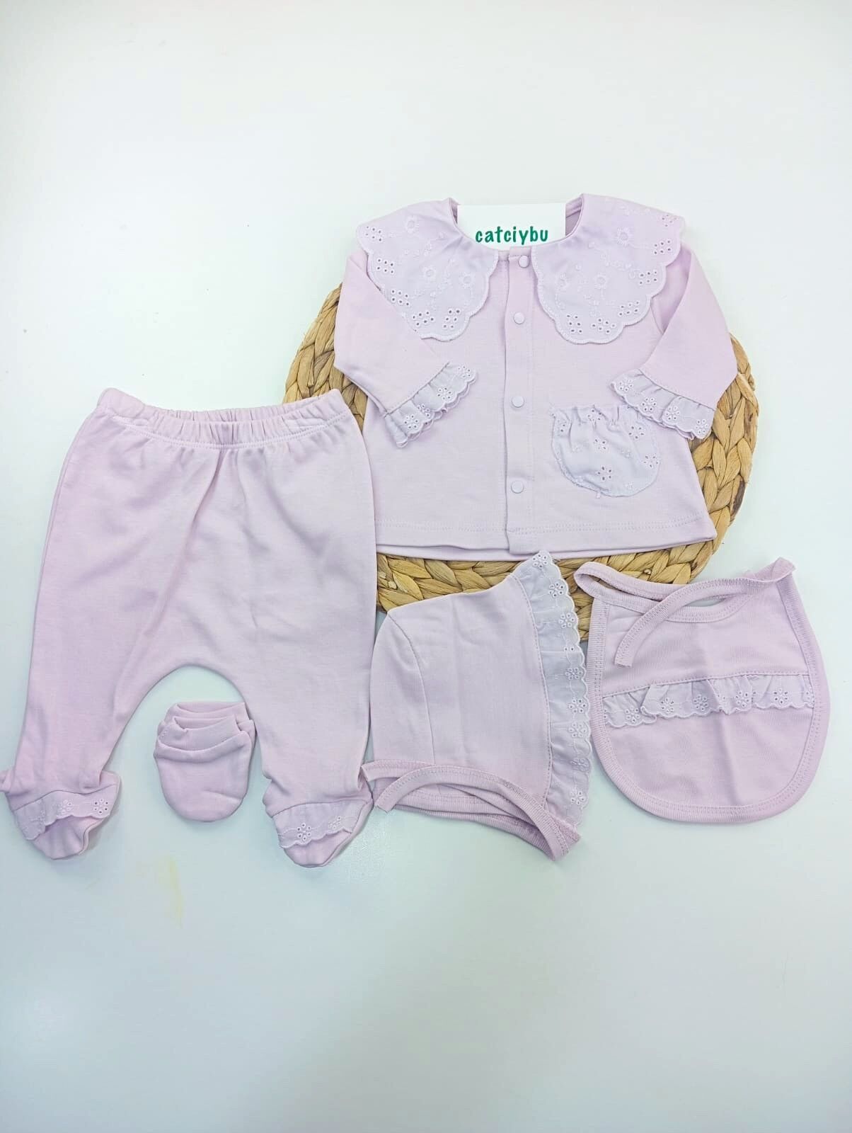 Fistolu Yenidoğan Kız Bebek 5li Zıbın Set