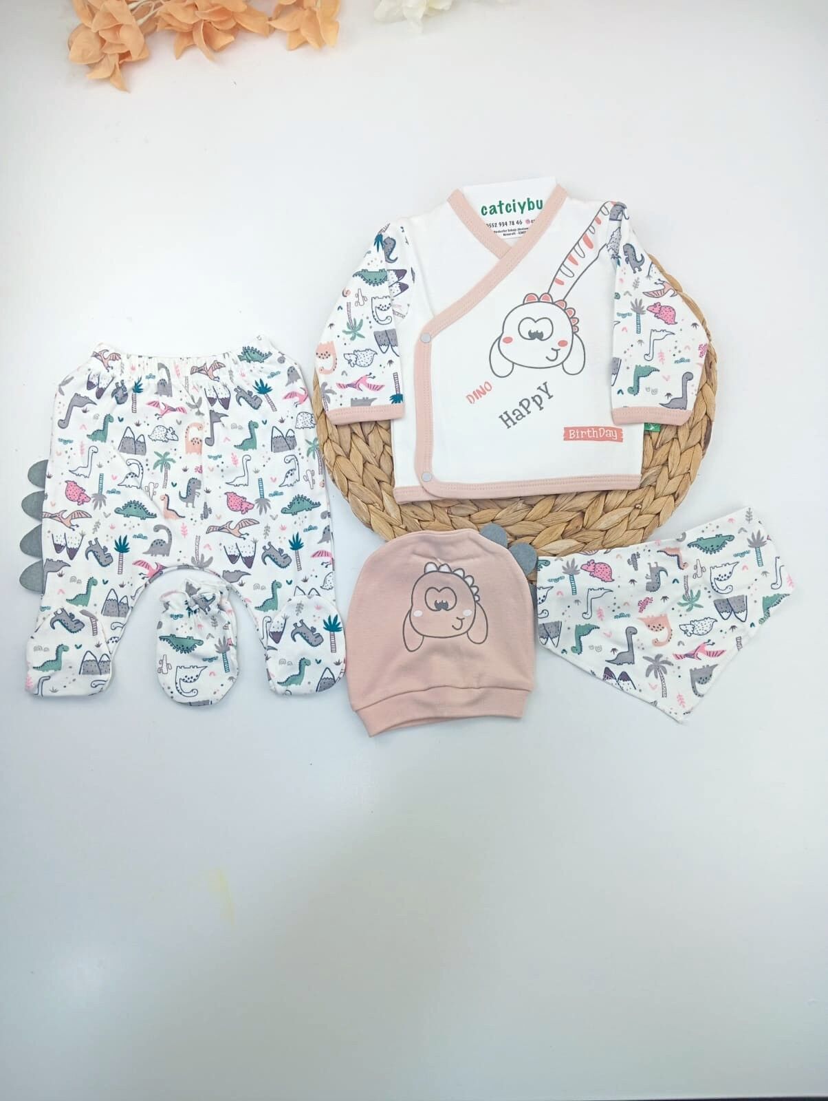 Happy Dino Baskılı Yenidoğan Uniseks Bebek 5li Zıbın Set