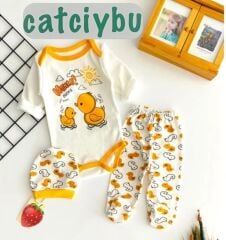 Ördek Baskılı Çıtçıtlı Badi Patikli Alt Bere Uniseks Bebek 3lü Takım 0-3/3-6 Ay