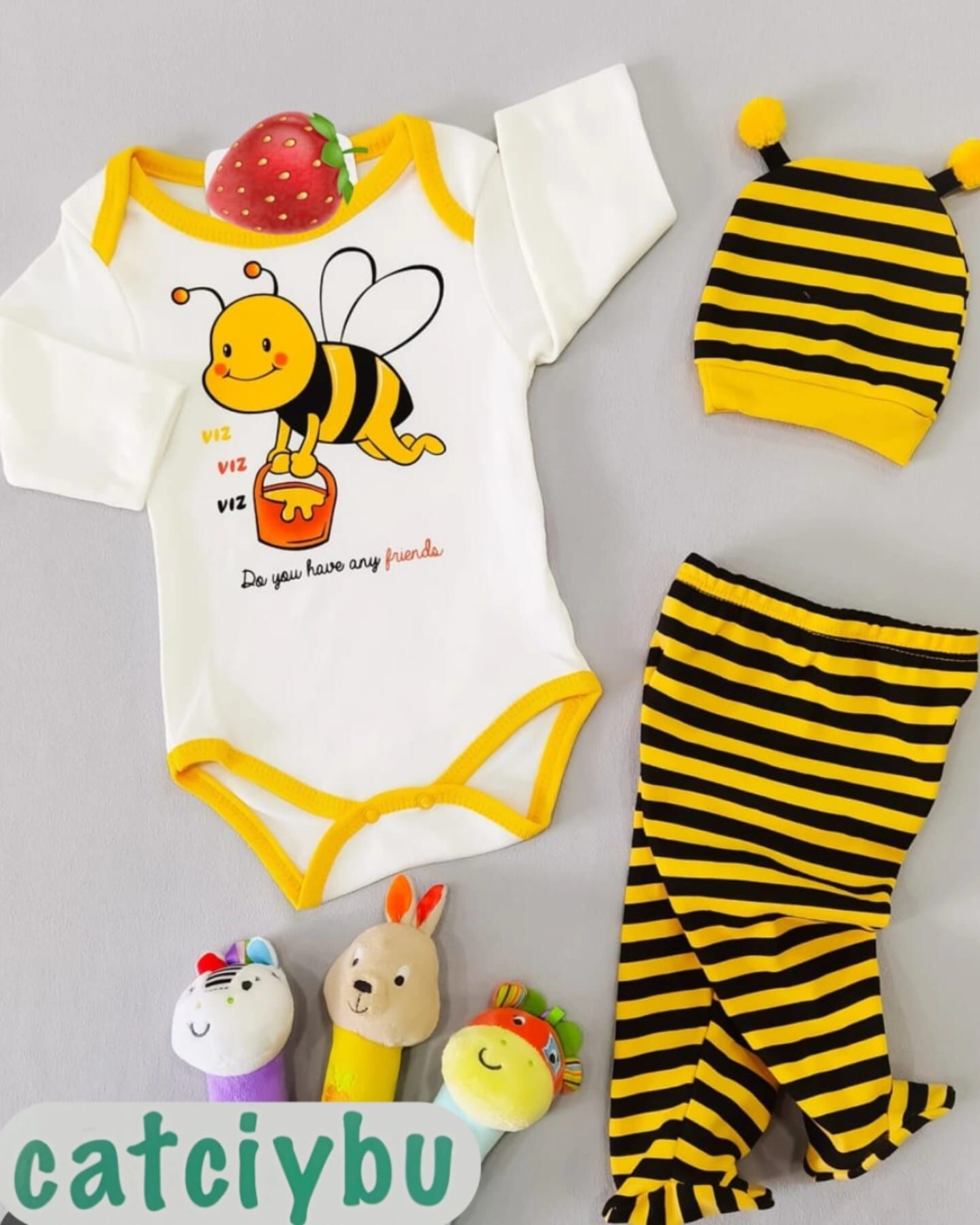 Arı Baskılı Çıtçıtlı Badi Patikli Alt Bere Uniseks Bebek 3lü Takım 0-3/3-6 Ay