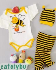 Arı Baskılı Çıtçıtlı Badi Patikli Alt Bere Uniseks Bebek 3lü Takım 0-3/3-6 Ay