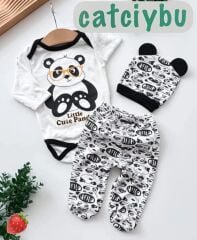 Panda Baskılı Çıtçıtlı Badi Patikli Alt Bere Uniseks Bebek 3lü Takım 0-3/3-6 Ay