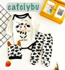 İnek Baskılı Çıtçıtlı Badi Patikli Alt Bere Uniseks Bebek 3lü Takım 0-3/3-6 Ay