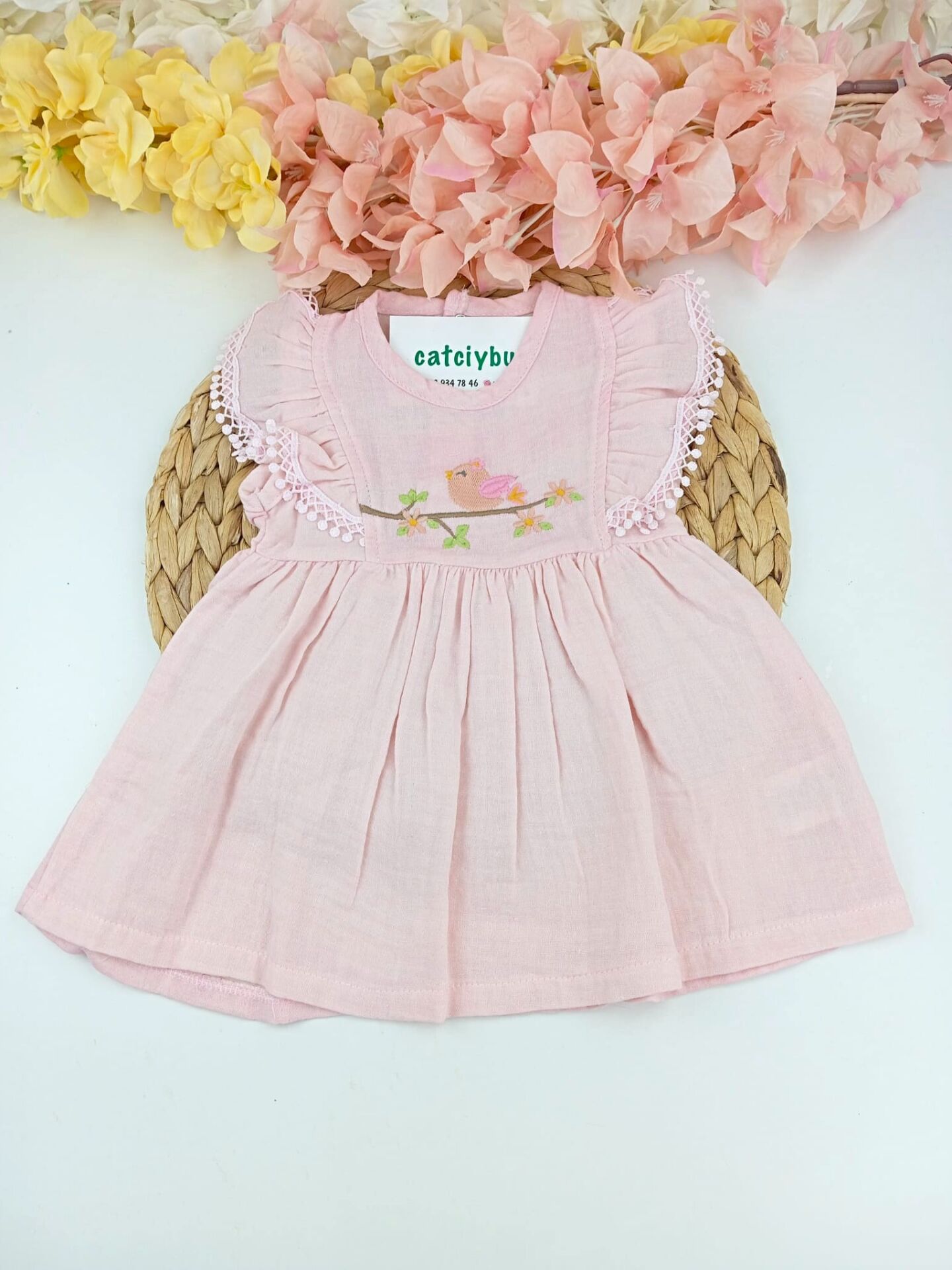 Kuş Nakışlı  Kız Bebek  Elbise 3-6/6-9/9-12 Ay