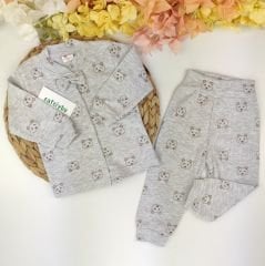 Papyonlu Ayıcık Önden Çıtçıtlı %100 Pamuk Pijama Takım