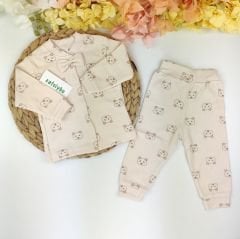 Papyonlu Ayıcık Önden Çıtçıtlı %100 Pamuk Pijama Takım