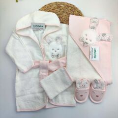 Tavşan %100 Pamuk 0ekotex Setifikalı 4 Parça Bornoz Set