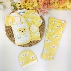 Bulut Baskılı Kendinden Eldivenli Bereli %100 Pamuk Pijama Takım