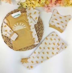 Güneş Nakışlı Kendinden Eldivenli Bereli %100 Pamuk Pijama Takım