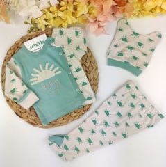 Güneş Nakışlı Kendinden Eldivenli Bereli %100 Pamuk Pijama Takım
