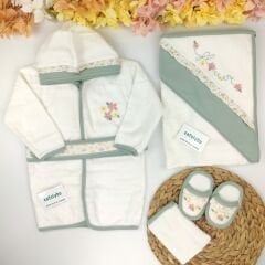 Yeşil Çiçekli %100 Pamuklu 4 Parça Bornoz Set