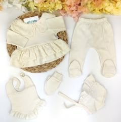 Fistolu Bebe Yakalı Güpürlü %100 Pamuk 5 Parça Hastane Çıkışı