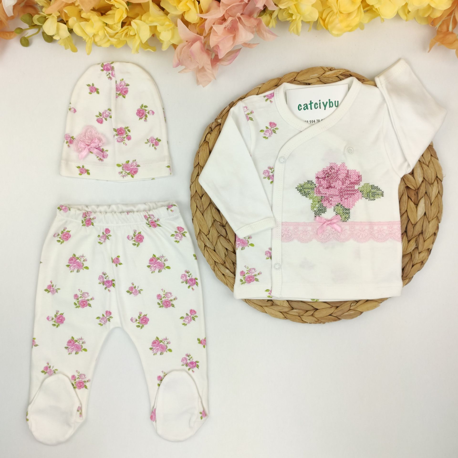 Kanaviçe Nakışlı 3 Parça Pijama Takım -%100 Pamuk